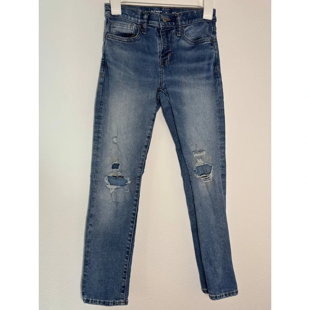 Old Navy Boys Slim Jeans 10 Medium Wash Distressed‎ 360 Stretch Built-In Tough
